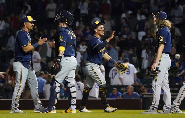 Brewers take 2 from Cubs, Taylor HRs in both, Ashby fans 12